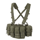 Helikon-tex Guardian chest rig vest in olive green with multiple pouches, adjustable straps, and MOLLE panel for tactical use.