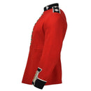 Side view of a genuine British army scarlet red dress uniform jacket with black cuffs and golden buttons.