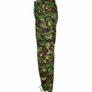 Side view of genuine British army DPM combat trousers in 95 woodland camouflage with cargo pockets and adjustable waist tabs