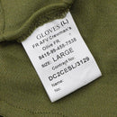 Close-up of label inside olive green British Army fire resistant gloves, size large, military contract details visible