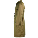 Side view of a genuine Dutch army khaki long officer trench coat with belt and button details.