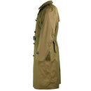 Side view of a genuine Dutch army women's khaki long officer trench coat with belt and button details