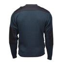 Back view of genuine Dutch military blue rib-knit troyer pullover sweater with reinforced black elbow patches and quarter zip
