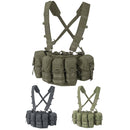 Helikon-tex Guardian chest rig vest with MOLLE panel and multiple cargo pockets in green, black, and olive colors.