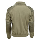 Back view of olive green MIL-TEC army style fleece jacket with reinforced shoulders and elbow patches for cold weather.