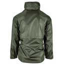 Back view of olive green Mil-Tec waterproof men’s jacket with adjustable collar and elastic cuffs.