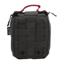 Compact black Mil-Tec tactical first aid kit pouch with MOLLE straps and red handle for quick emergency access