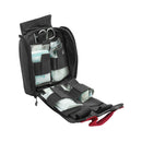 Compact black Mil-Tec tactical first aid kit pouch with organized emergency medical supplies inside for quick access.