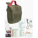 Olive green Mil-Tec tactical first aid kit pouch with essential medical supplies and bandage scissors displayed