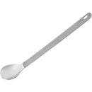 Ultra-lightweight titanium long spoon with extended handle for camping, backpacking, and outdoor survival meals.