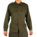 Olive green original Austrian BH army combat shirt with buttoned front and chest pockets for durable outdoor wear