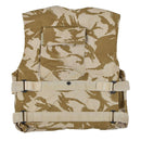 Original British military flak cover vest in desert DPM camouflage with adjustable straps and rear pouch for tactical use
