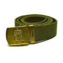 Original Danish Army olive green canvas belt with gold-toned Royal Danish insignia military buckle rolled up.