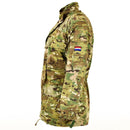 Side view of original Dutch army M65 military parka jacket in multitarn camouflage with national flag patch on sleeve