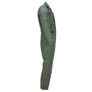 Side view of olive green flame resistant Dutch military coverall made with aramid blend fabric and adjustable cuffs.