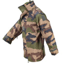 French military waterproof trilaminate field jacket with CCE camo, reinforced elbows, and storm flap closure.