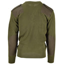 Back view of original Italian army green wool pullover with reinforced shoulder and elbow patches.
