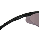 Close-up of black frame and purple wide ballistic lens of Swiss Eye tactical shooting glasses with UV400 antifog protection