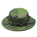 Swedish military style boonie hat with Splinter Camo Ripstop fabric, wide brim, ventilation eyelets, and adjustable chin strap.