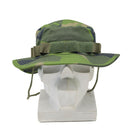 Swedish military style boonie hat in Splinter camo ripstop with wide brim and adjustable chin strap on white mannequin head.