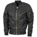 Black U.S. Air Force MA1 bomber jacket with gold zipper, ribbed cuffs, waistband, and multiple pockets for a windproof fit.