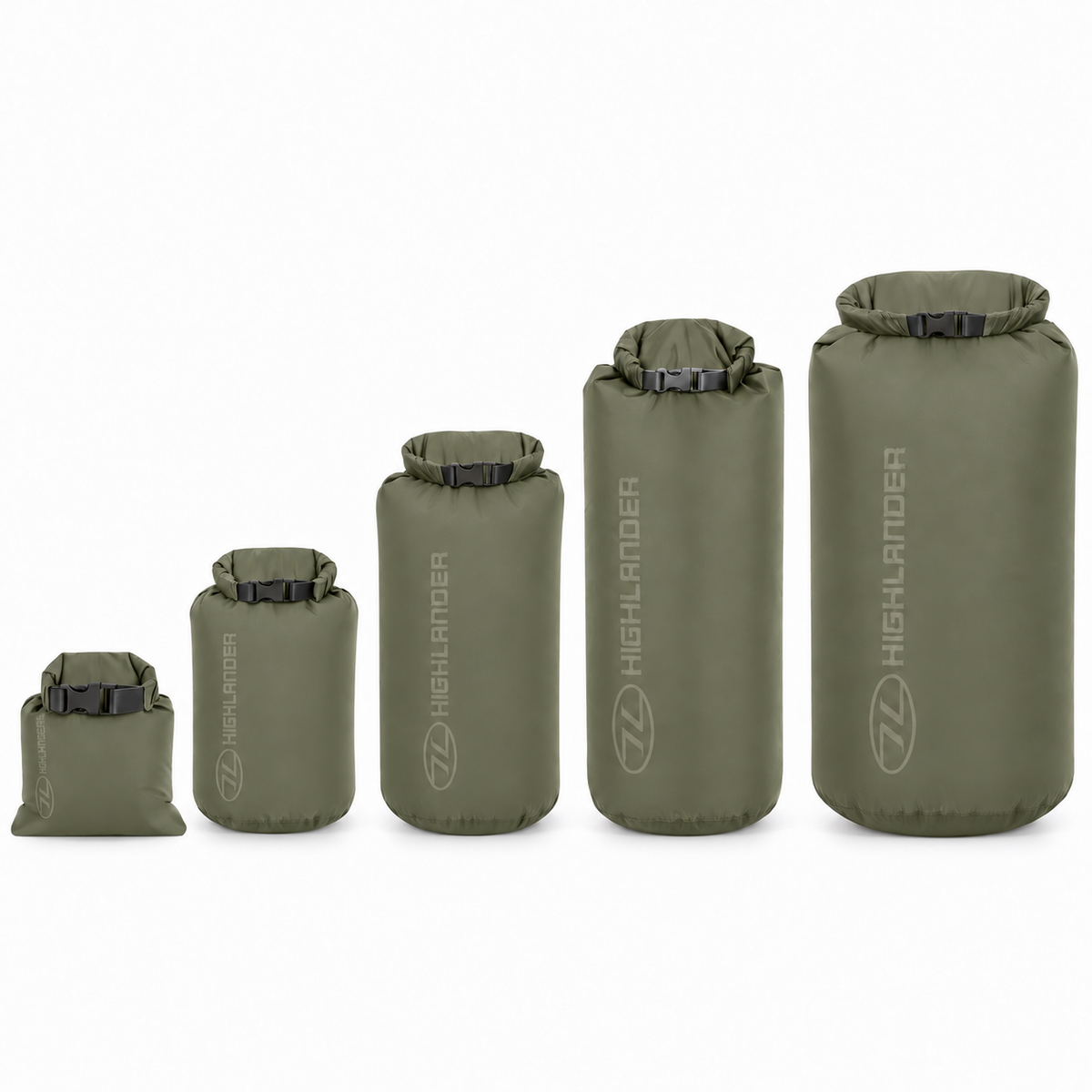Original Scottish Military Dry Bags 1L–40L Roll Top Quick Release Spänne Olive