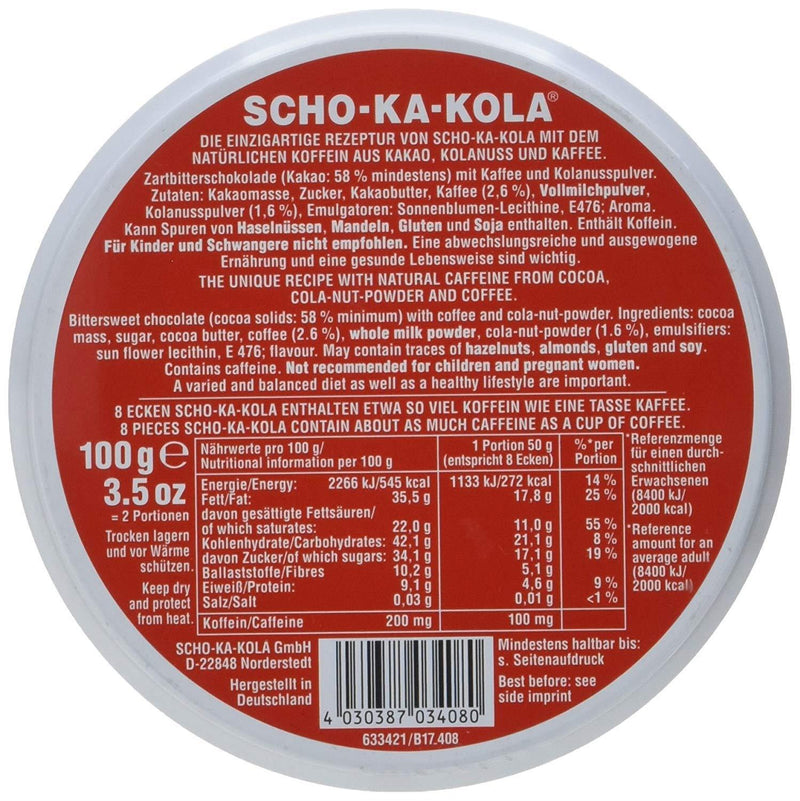 Tysk energi Dark Chocolate Scho-ka-Kola koffein & cola mutter 100 g tennburk