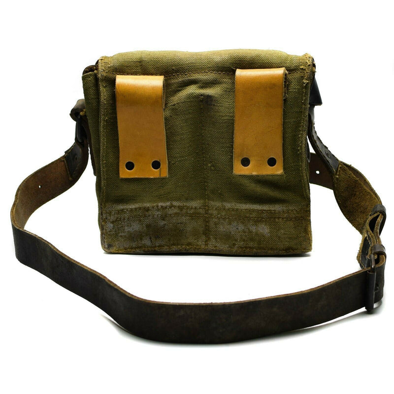 Genuine French shoulder bag army canvas leather olive OD magazine ammo pouch - GoMilitar