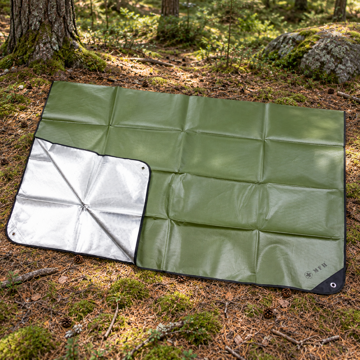MFH Emergency Tarp 210 x 150 cm Aluminiumbelagd campingunderlag OD Grön