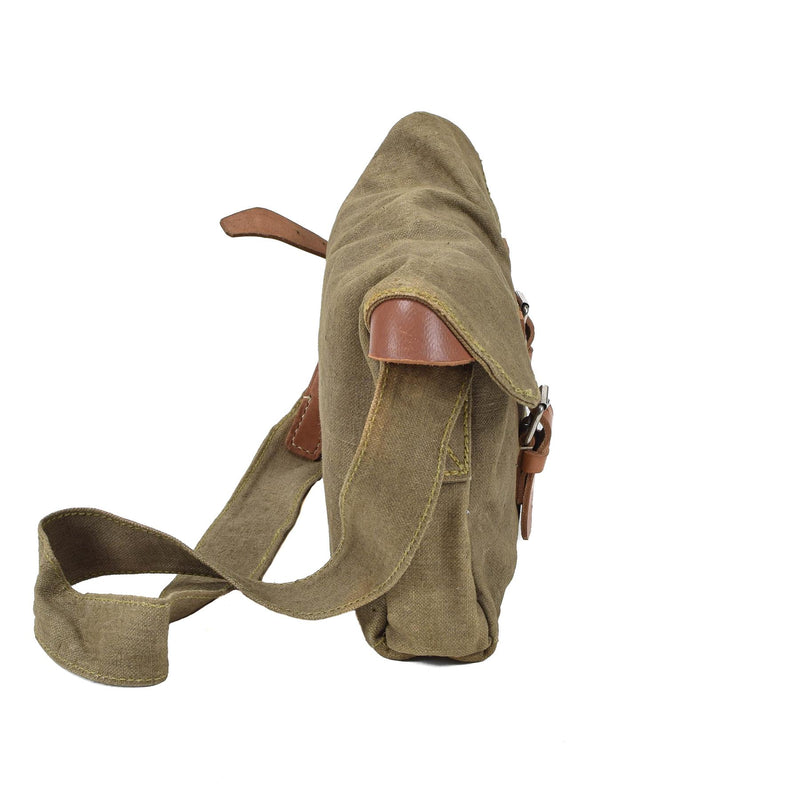 Original tjeckisk militär axelväska duk Utility Bag läderband vintage