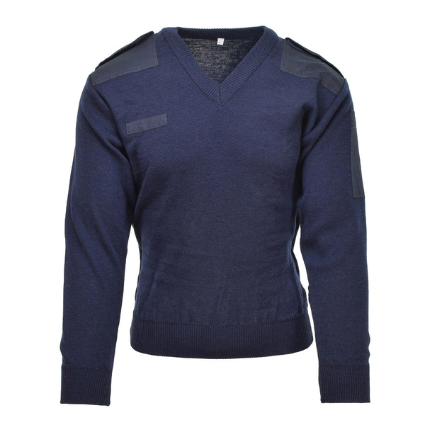 Äkta holländska armé pullover v-hals blå ribben stickad militär överskott tröja jumper