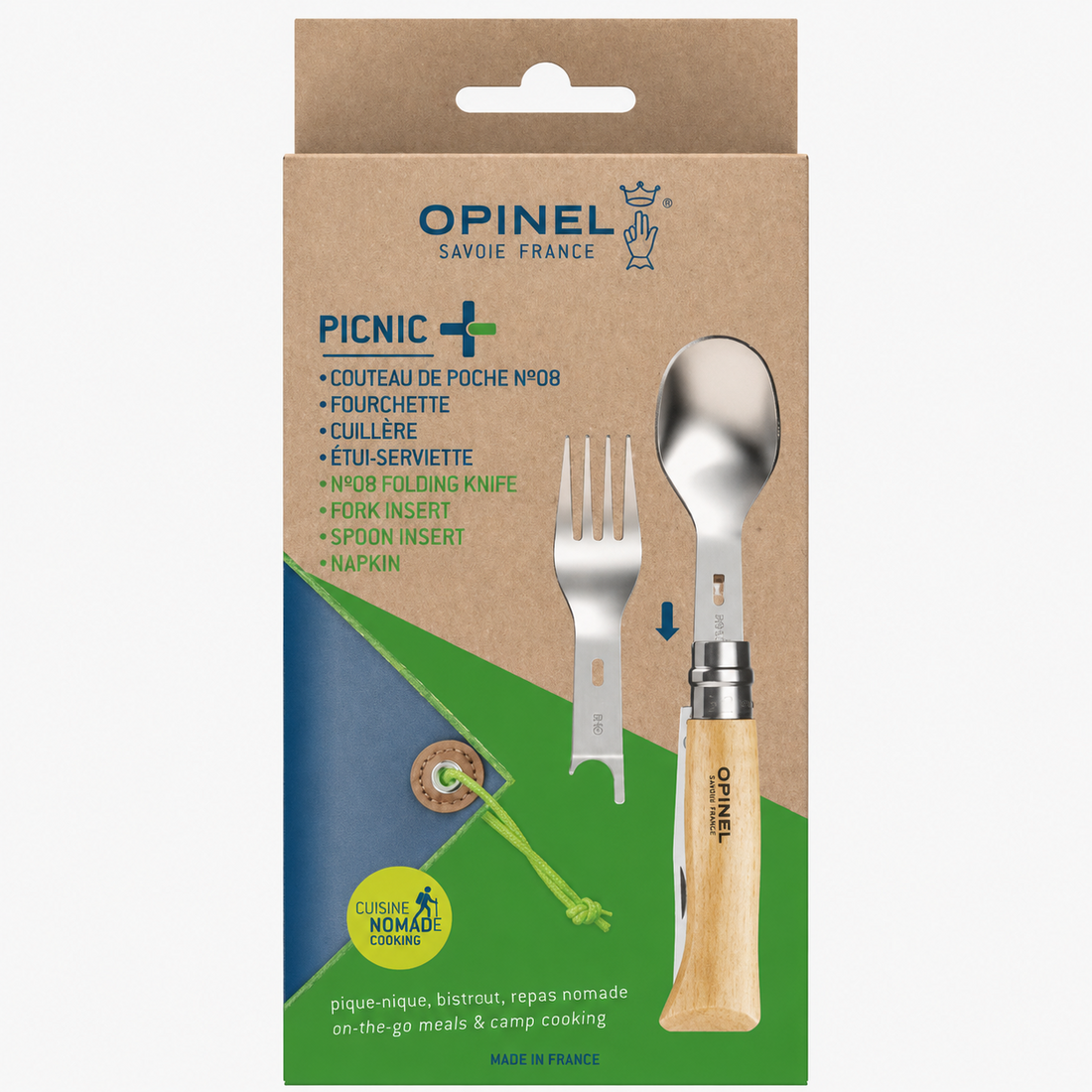Opinel Picnic+ N°08 Bestickset Vikkniv Sked Gaffel Camping Bok