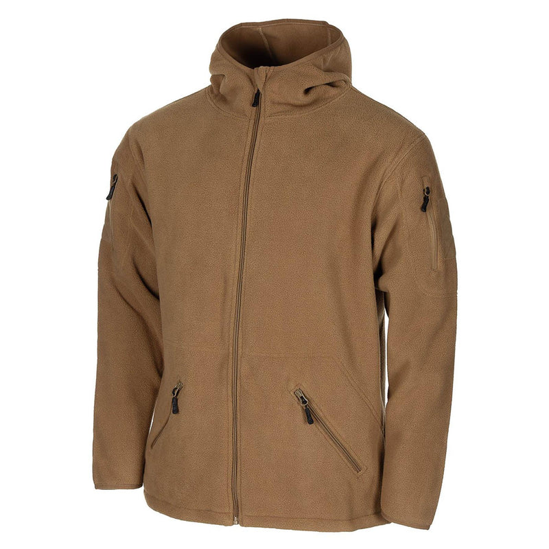 MFH Military Style Tan Tactical Hooded Fleece Jacket Outdoor Vandring Full Zip New