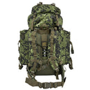 Large A.Blochl M84 camo mountain hiking daypack with padded straps, hip belt, and multiple attachment points for camping gear.