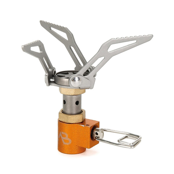 Compact lightweight titanium foldable camping stove burner with orange base for hiking and outdoor use
