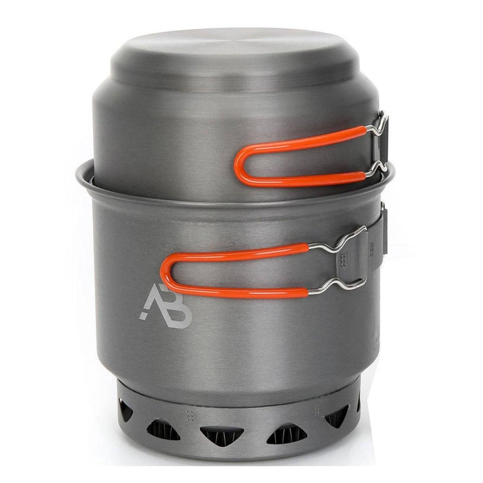 Stacked A.Blochl Star X1 lättvikts hårdanodiserad aluminium campinggryta och panna med värmeväxlare och orange handtag