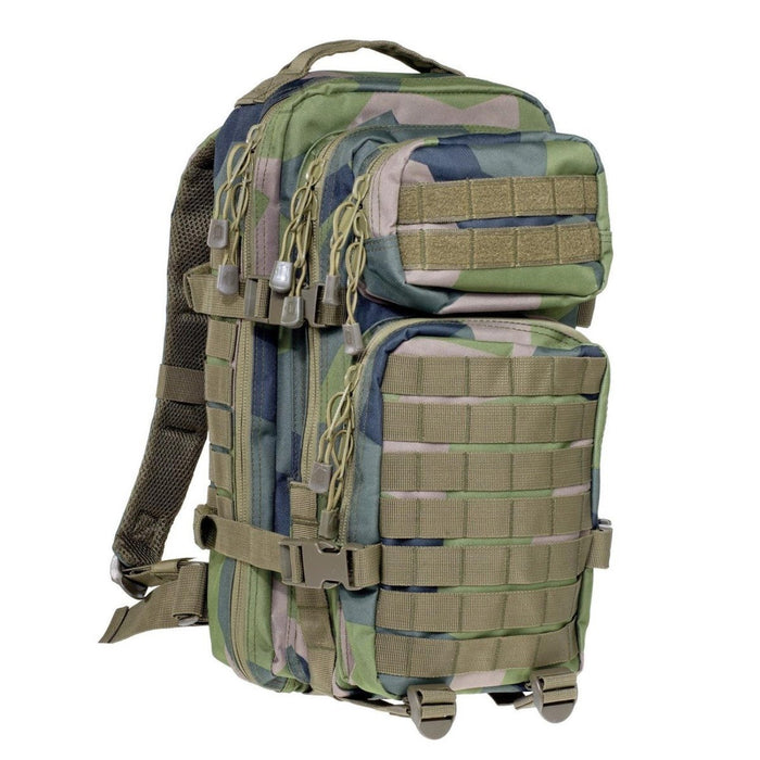 A.Blochl taktisk ryggsäck 30L med svenskt splinter M90-kamouflage, MOLLE-öglor, vadderade remmar och snabbspänne.