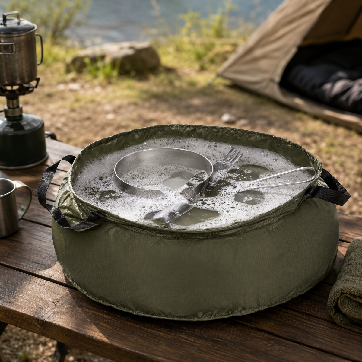 Mil-Tec hopfällbar nylonskål 10L OD Grön Camping Tvättställ Packbar