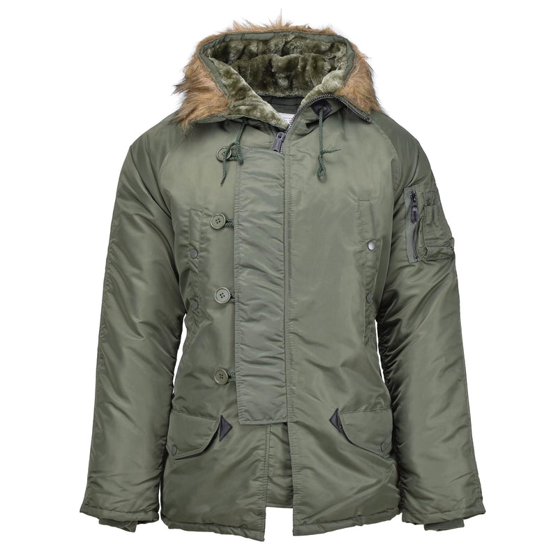 Mil-tec varumärke amerikansk militär stil flygare parka n3b faux päls huva oliv ny