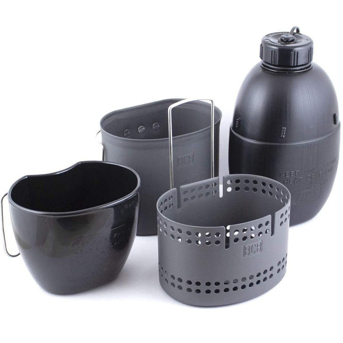 BCB Mk2 Brittiskt matlagningsset för utomhusbruk med NATO-mugg, spis, matsal och eldstart i kompakt design.