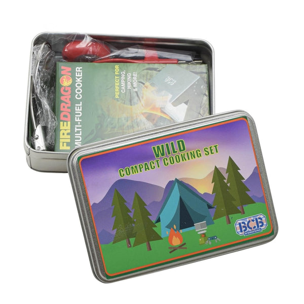 BCB WILD compact camping cooking set with solid fuel stove, spoon, can opener, and storage tin for hiking outdoors.