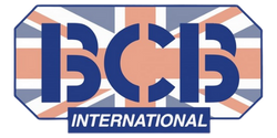 BCB International logo with stylized letters in navy blue and white, set against a background resembling the Union Jack flag.