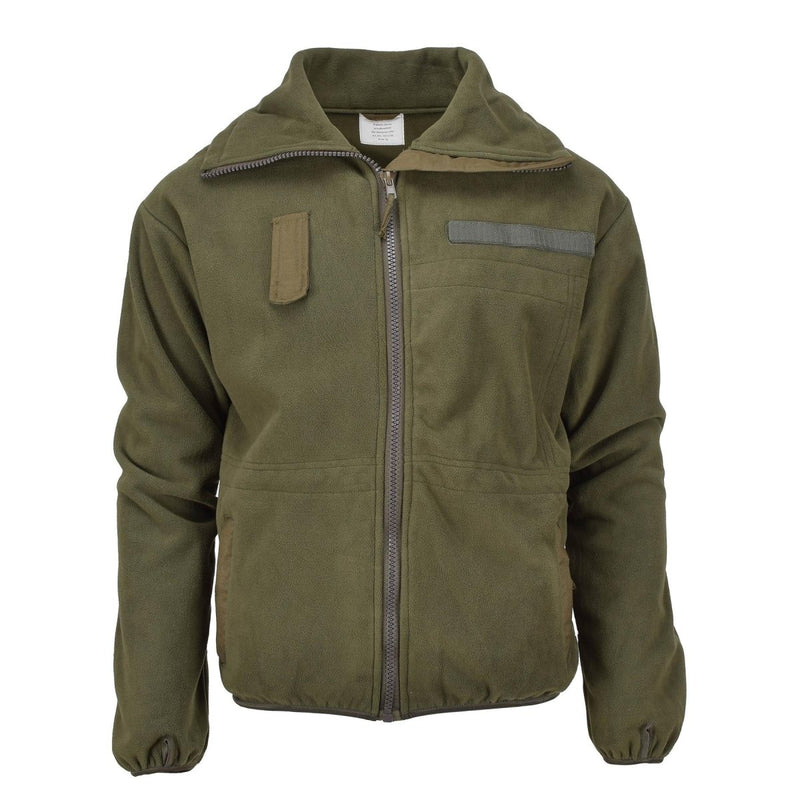 Olive green Austrian military style fleece jacket with high neck, full zip, chest epaulet, and adjustable waist.