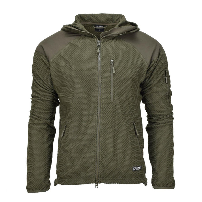 Olivgrön Blochl fleecejacka i militärstil med huva, förstärkta axlar och armbågar och framfickor med dragkedjor.