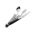 BOKER Bon Appetite pocket cutlery set with knife, fork, and spoon made of 440A steel and wooden handle.
