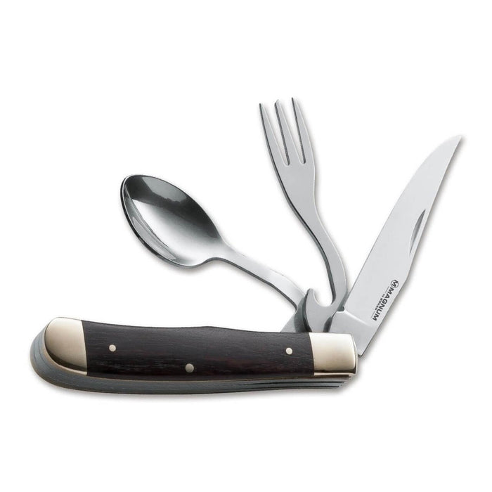 BOKER Bon Appetite fickbestickset med kniv, gaffel, sked av 440A stål och trähandtag