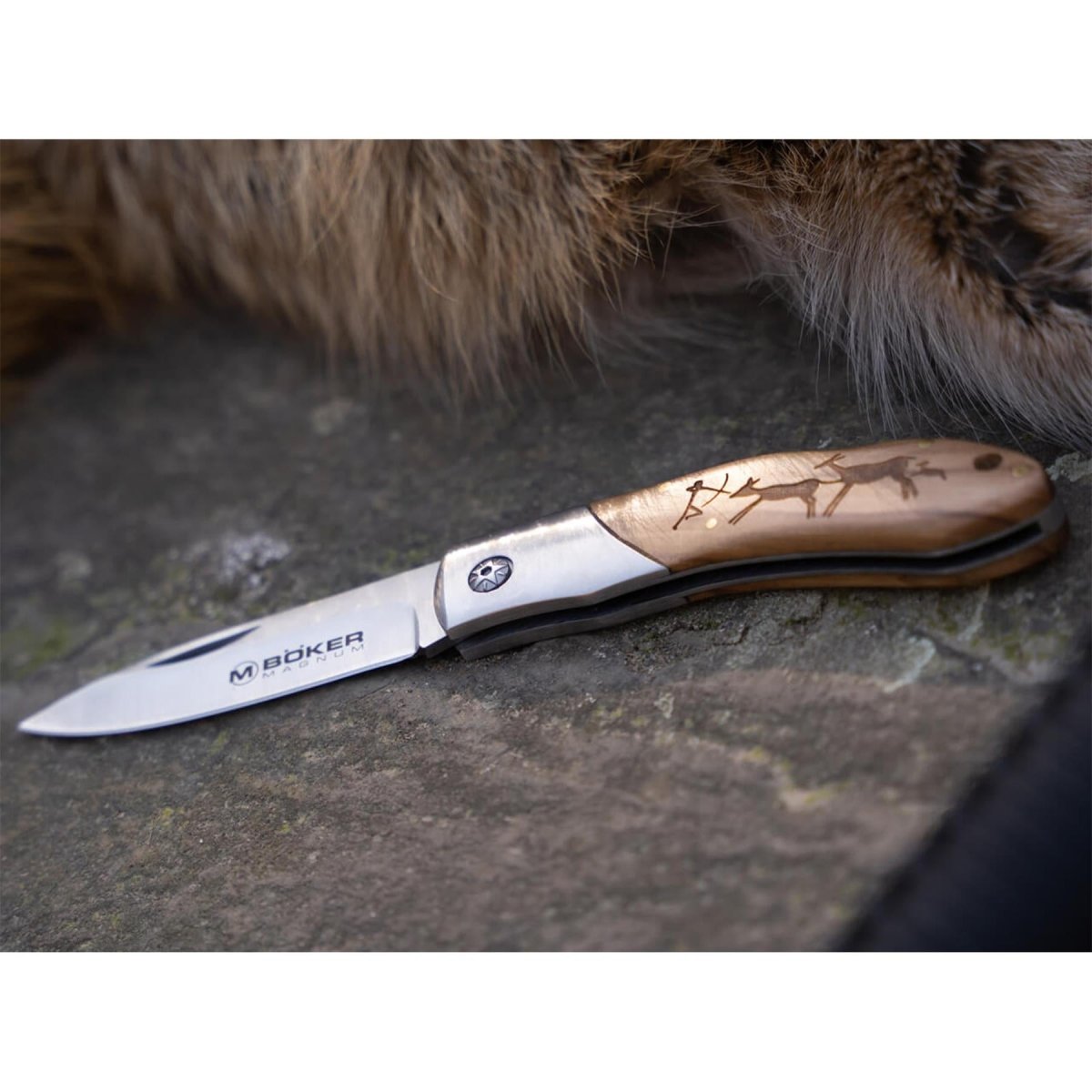 BOKER Caveman Fickkniv i stål 440A obestruket ståldekorerat trähandtag