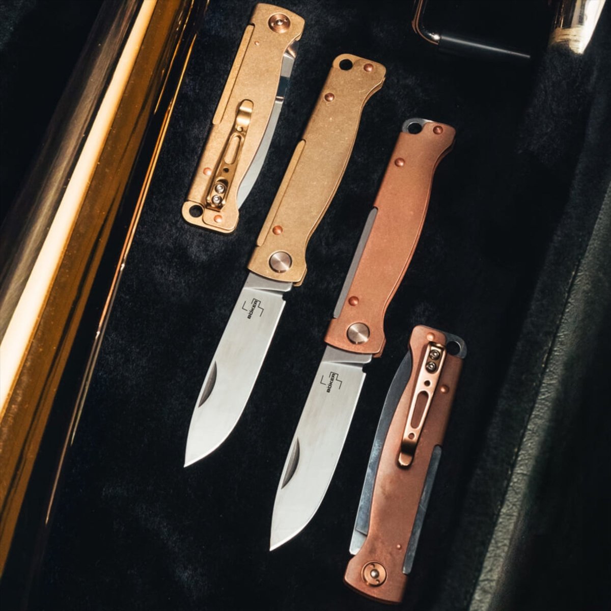Boker Plus Atlas fällbar fickkniv 12C27 stålblad Kopparhandtag brons