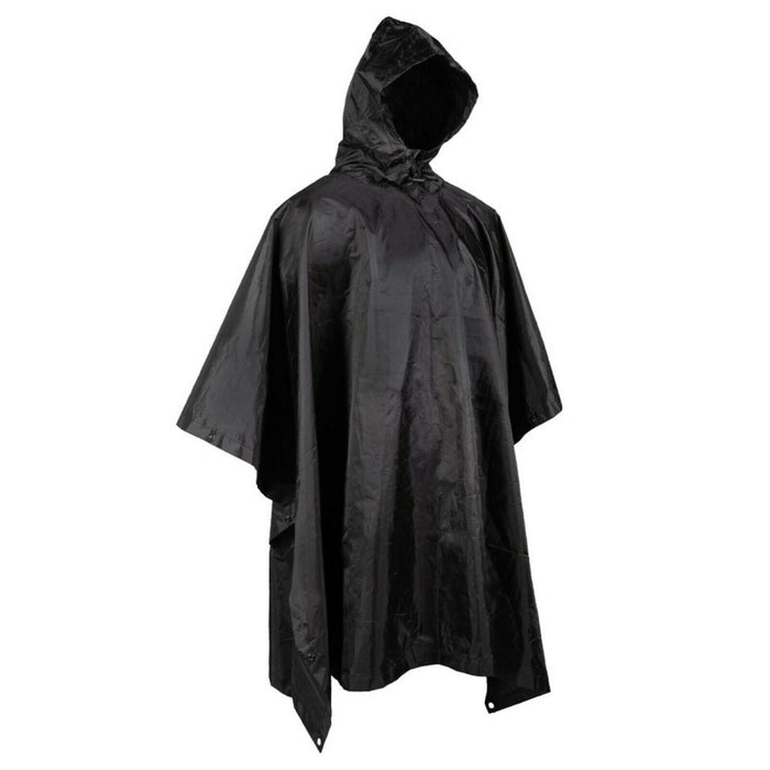Svart army-stil vattentät ripstop poncho cape med huva, designad för utomhusskydd och kamouflage.