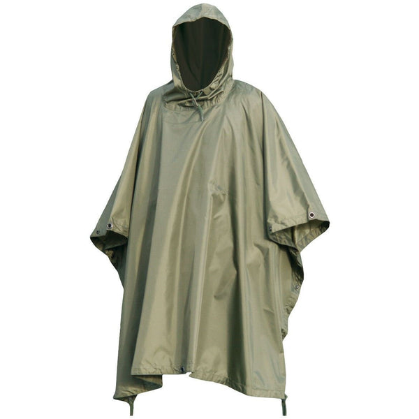 Olive green waterproof ripstop military style rain poncho cape with hood for outdoor protection and camping use